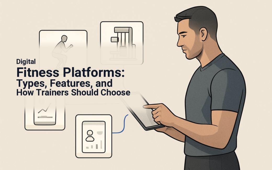 Personal trainer compares four digital fitness platform models on a tablet.