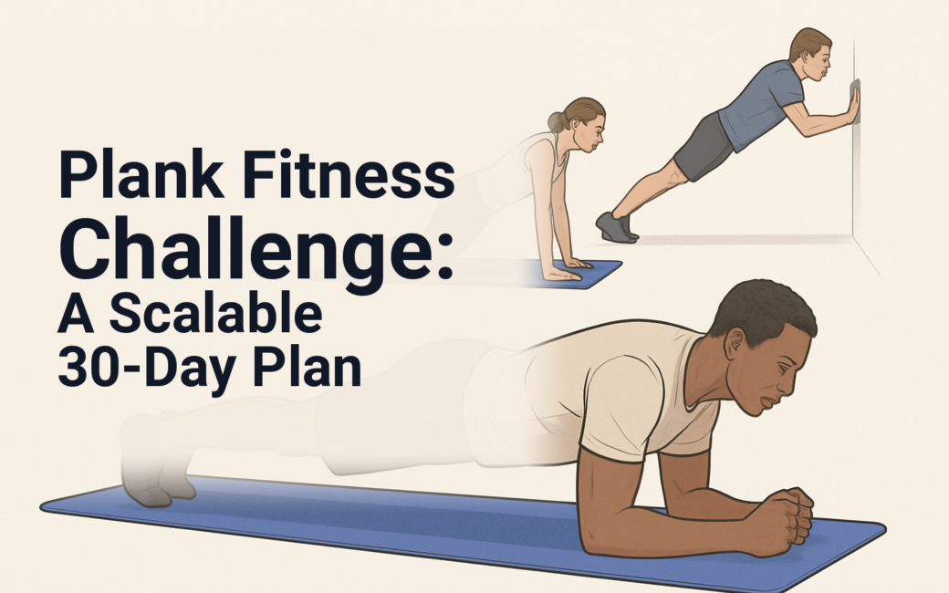 Exerciser holding a controlled forearm plank beside easier wall and knee variations