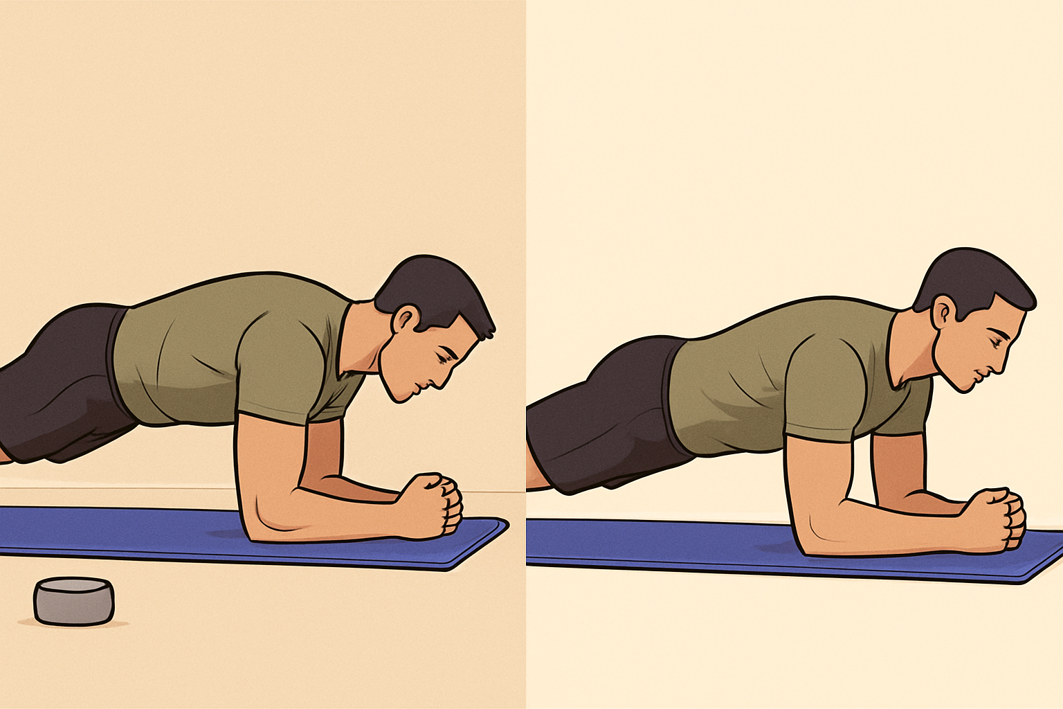 Day-one and day-thirty plank practice showing better control rather than a dramatic makeover