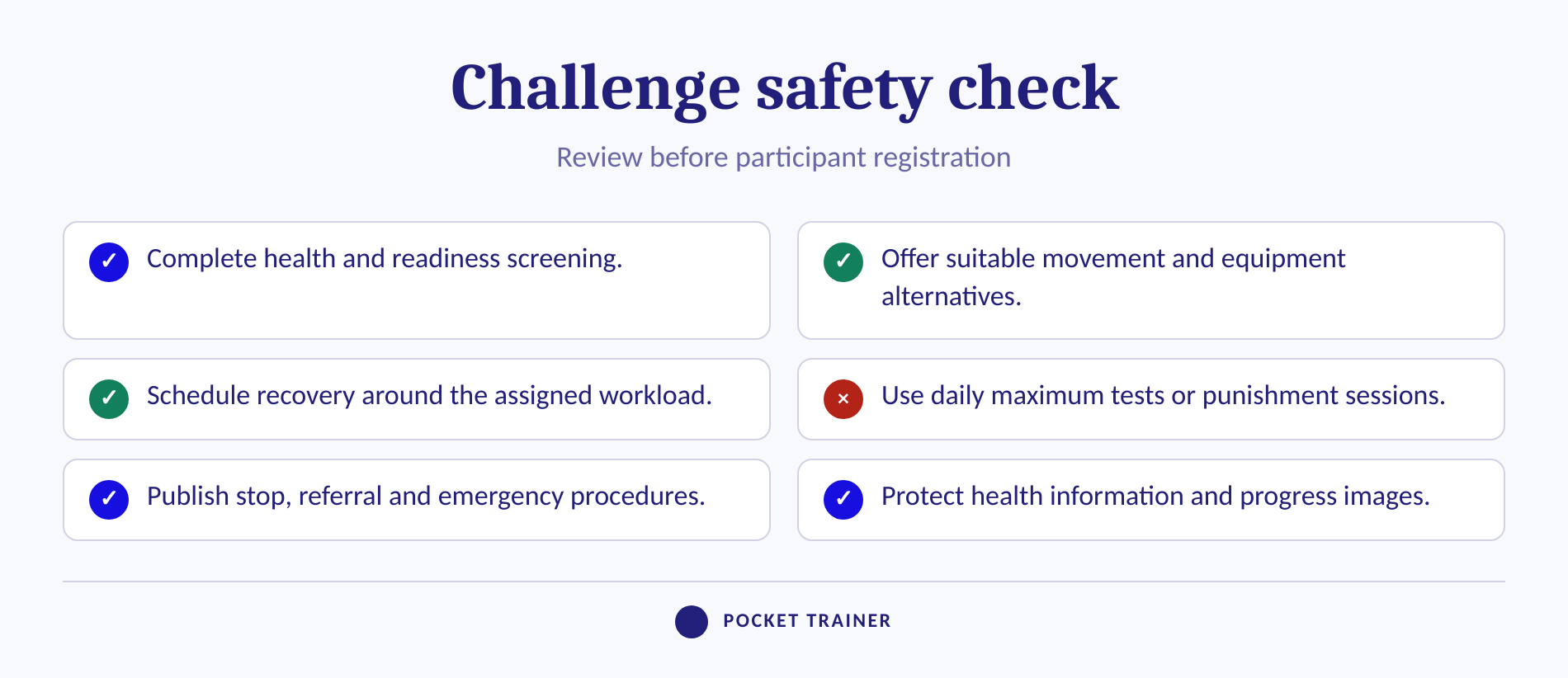 Safety checklist for screening and scaling a client exercise challenge