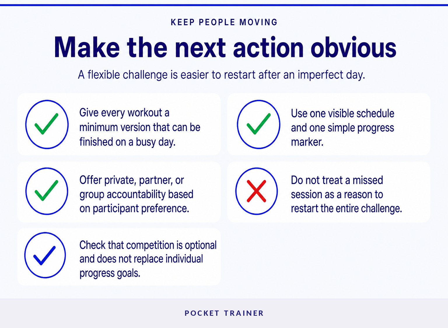 Checklist for a motivating fitness challenge with clear actions, flexible options, and support