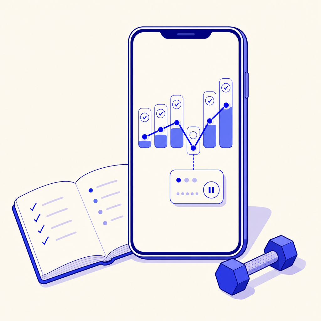 Phone screen with a simple upward workout trend beside handwritten recovery notes