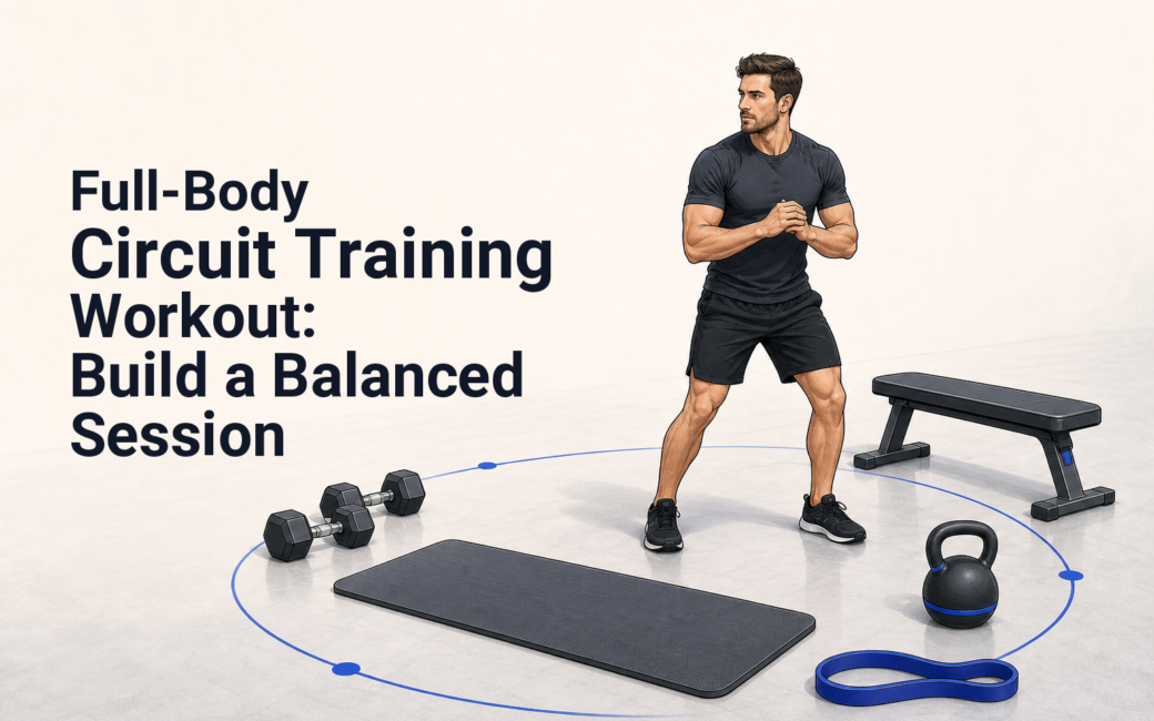 Exerciser moving through a balanced dumbbell circuit with six stations