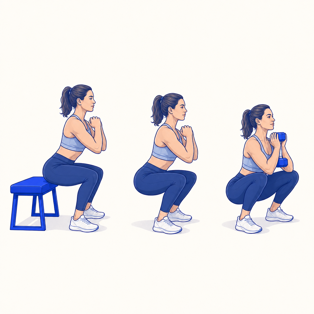 Three versions of a squat showing support, goblet loading, and a deeper range