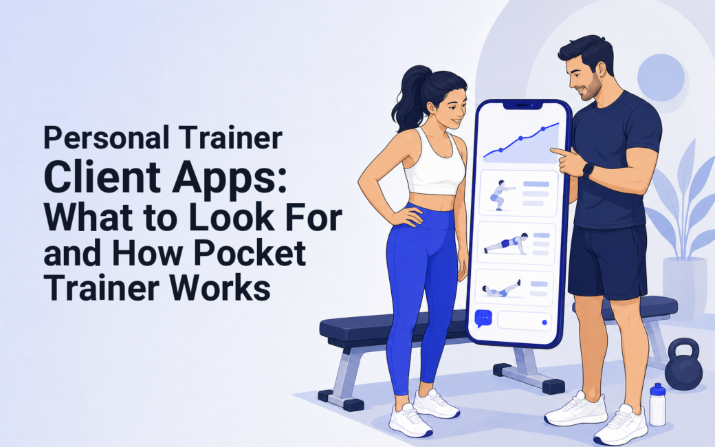 Personal trainer and client reviewing a mobile workout plan in a gym studio.