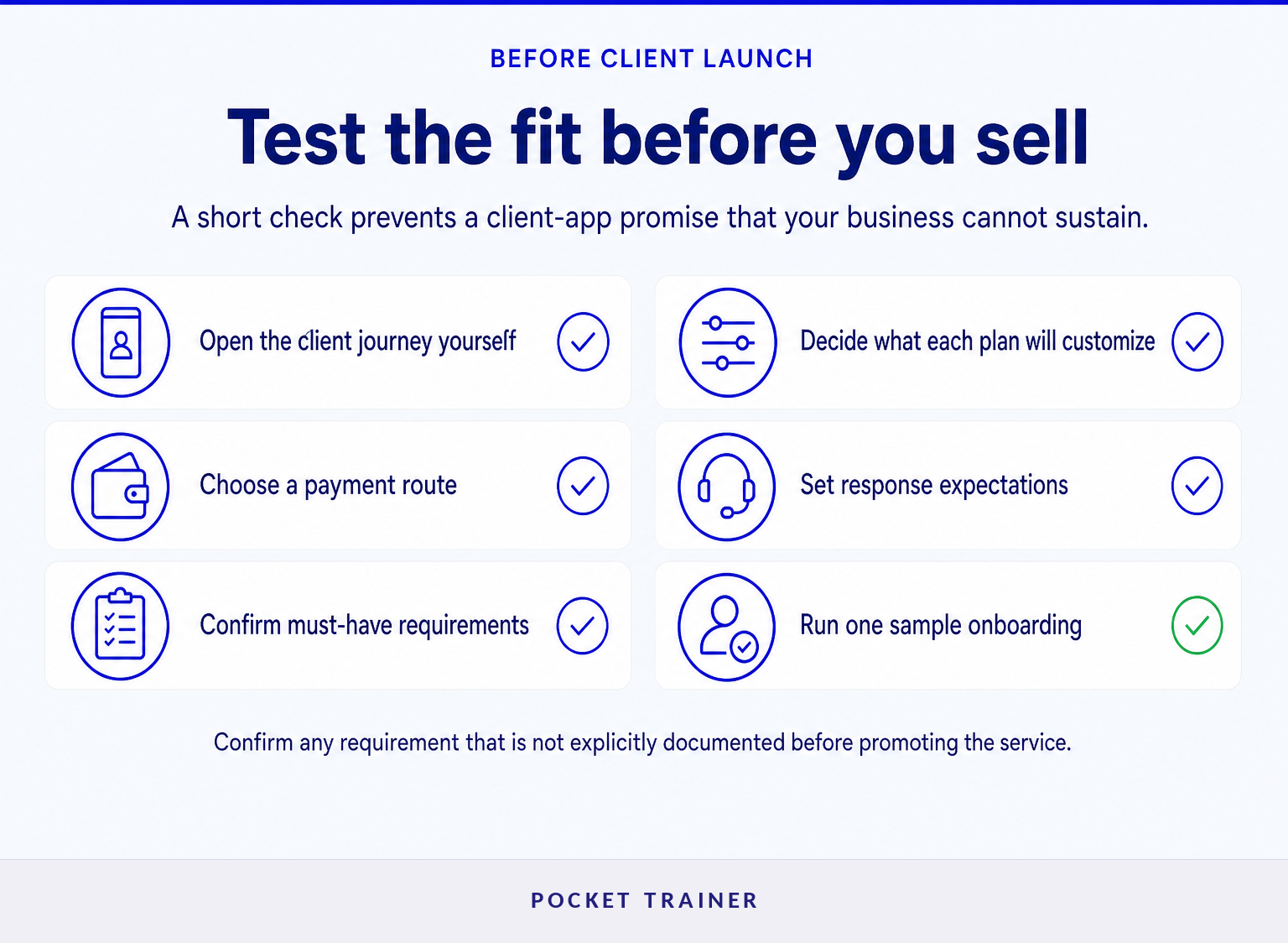 Checklist for testing a personal trainer client app before inviting clients.