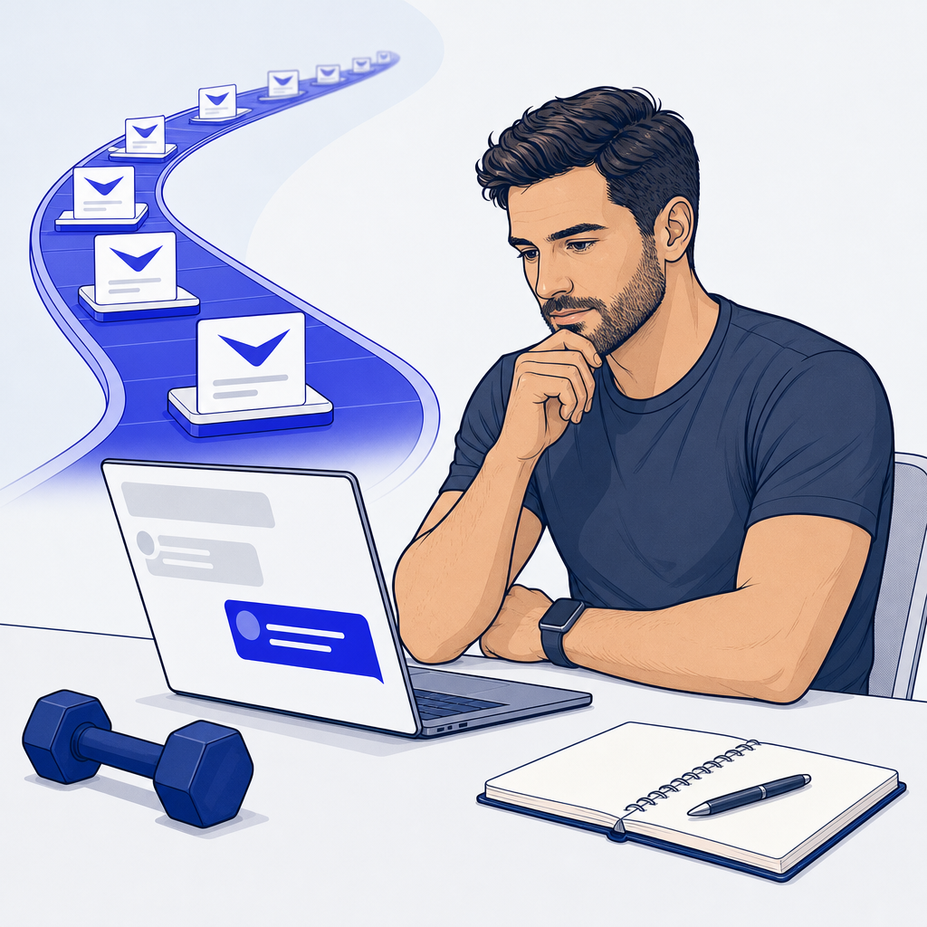 Personal trainer reviewing lead notes while routine email follow-ups continue in the background.