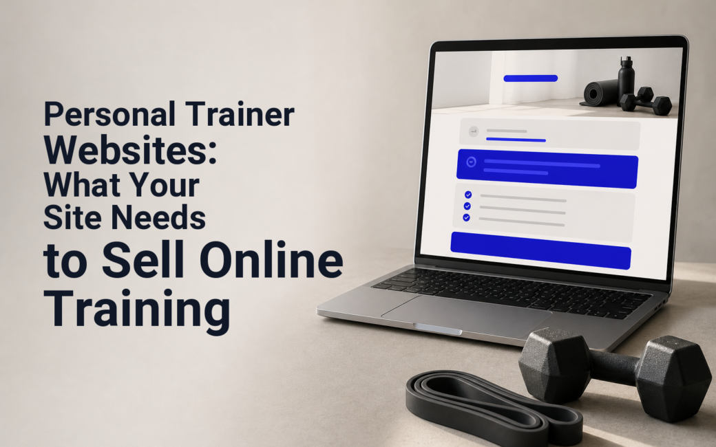 Personal trainer reviewing an online coaching sales page on a laptop beside workout equipment