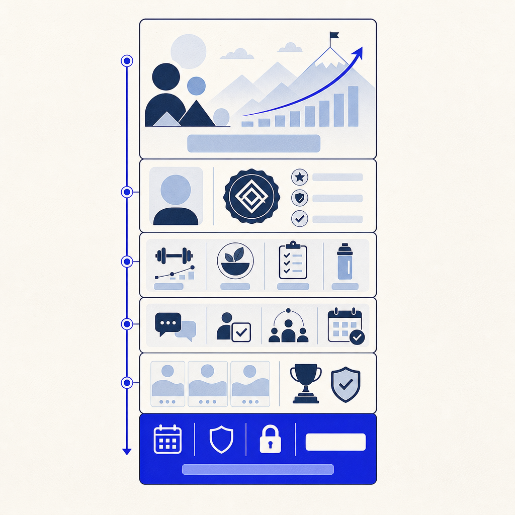 Annotated visual layout of the essential sections on a personal trainer online coaching sales page