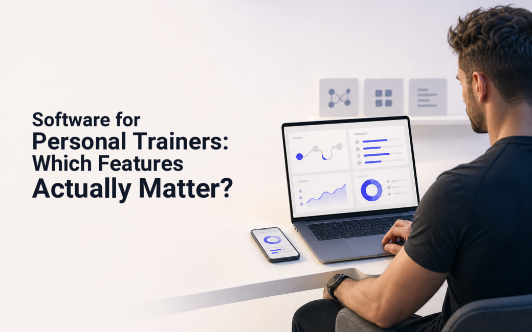 Personal trainer comparing client delivery, payments, and marketing software on a laptop
