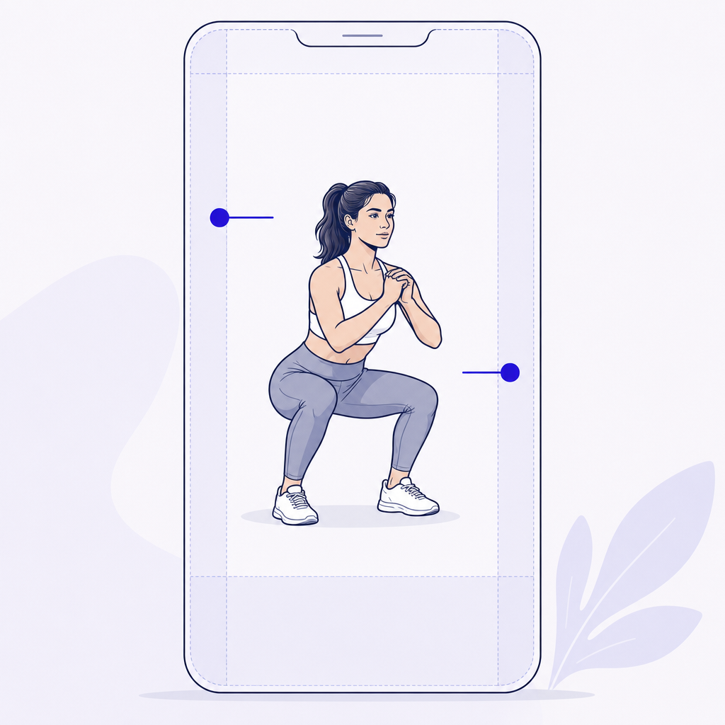 Trainer demonstrating a squat in the central area of a vertical phone screen